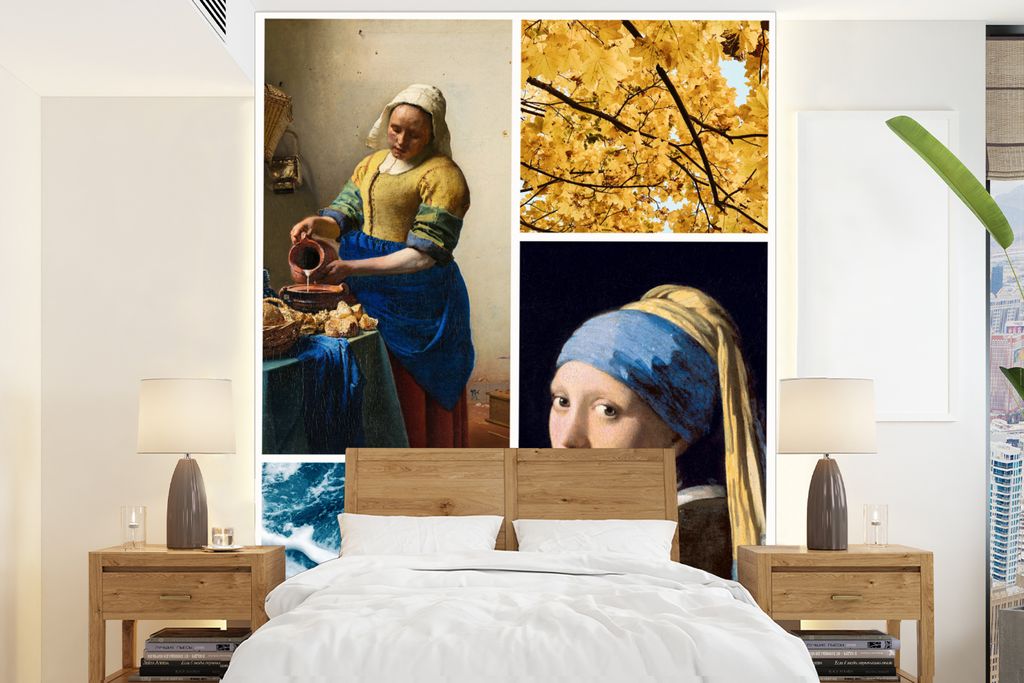 MuchoWow Fototapete für Wohnzimmer oder Schlafzimmer Wandtapete Vinyl Motivtapete Collage - Vermeer - Milchmädchen - Mädchen mit Perlenohrring...