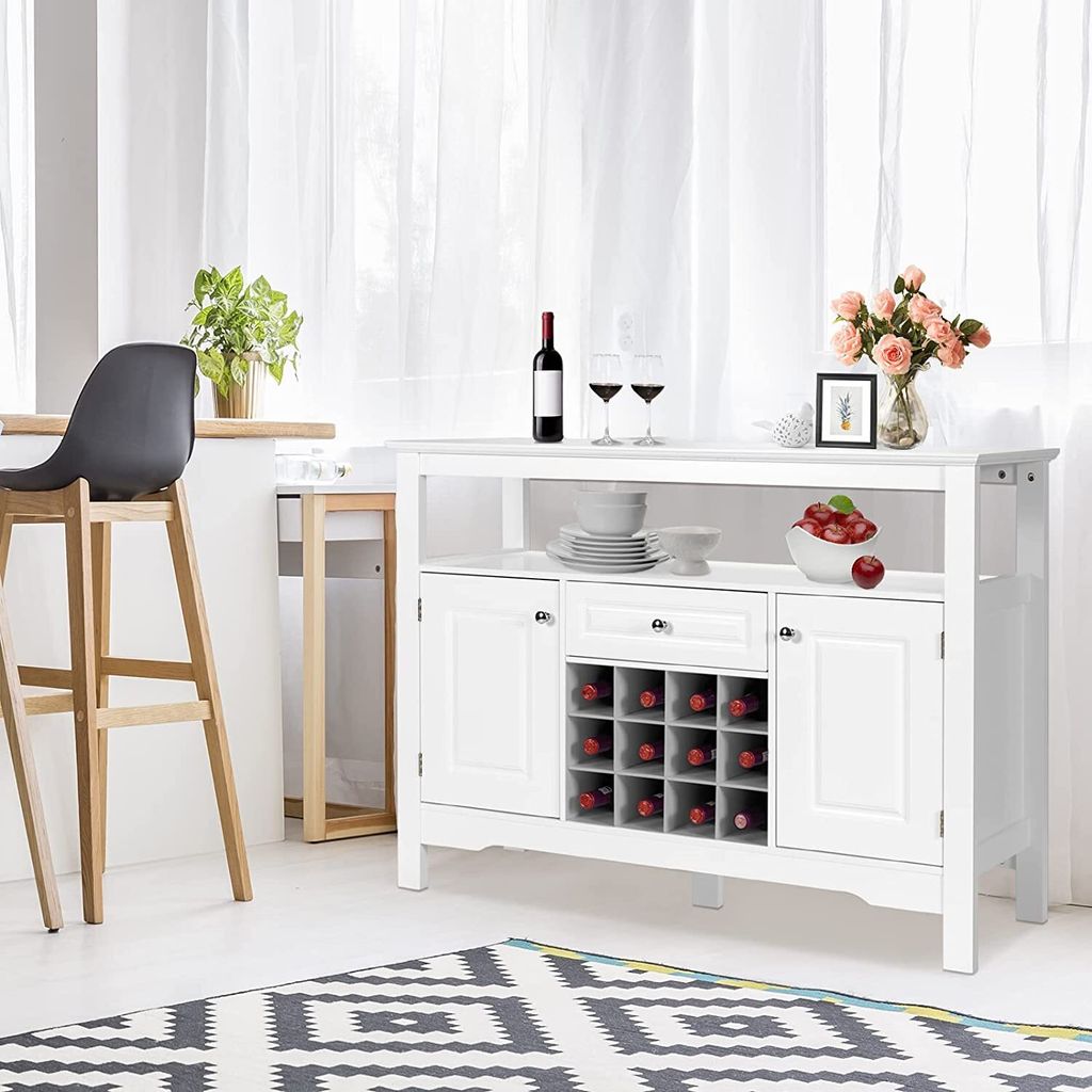 GOPLUS Sideboard mit Weinregal, 117×40,5×85,5cm Küchenschrank mit Offenem Regal, 1 Schublade & 2 Türen, Beistellschrank für Wohnzimmer, Küche
