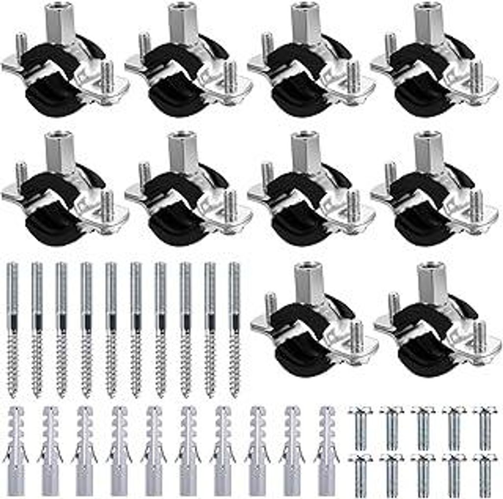 10 Stück Rohrschellen Set Mit Verzinkung Und Kunststoff-Schutzpad, Inklusive Aufhängebolzen Und Dübel, Für 3/4 Zoll (26-32 mm) Rohre – Univer...
