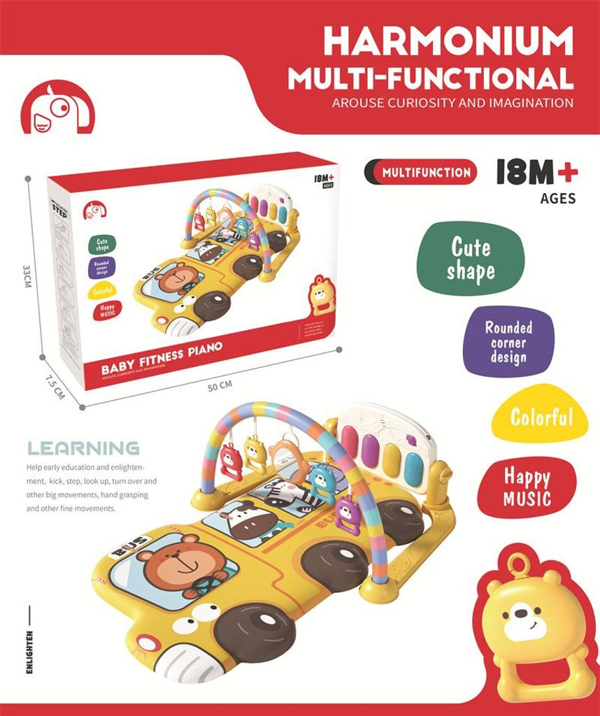 Babygym Bus Spielmatte mit Spielbogen und Klavier – Aktivitätscenter mit Wachstumsmaß und Spielteppich