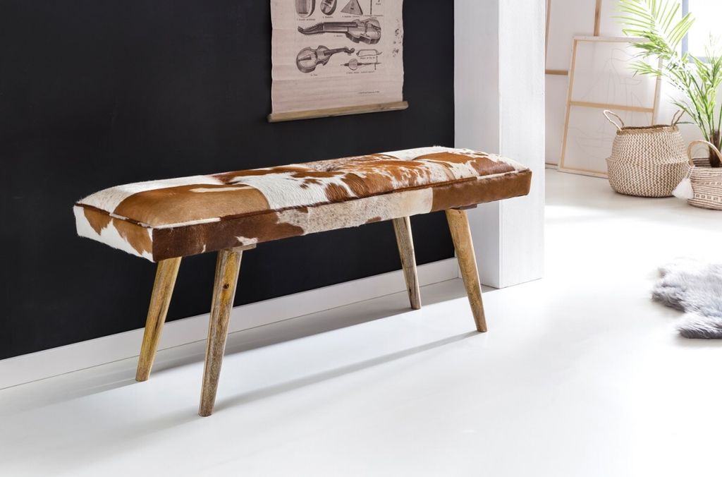 WOHNLING Sitzbank Ziegenfell / Massivholz Bank 120 x 40 x 52 cm Polsterbank Flur Esszimmer Braun Kleine Bettbank Fell Dielenmöbel Flurbank