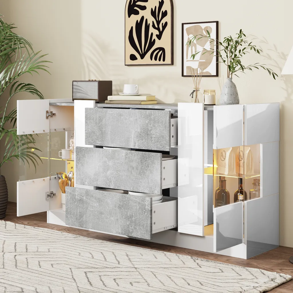 Buffet avec Éclairage LED 16 Couleurs, Meuble de Rangement Blanc 135cm