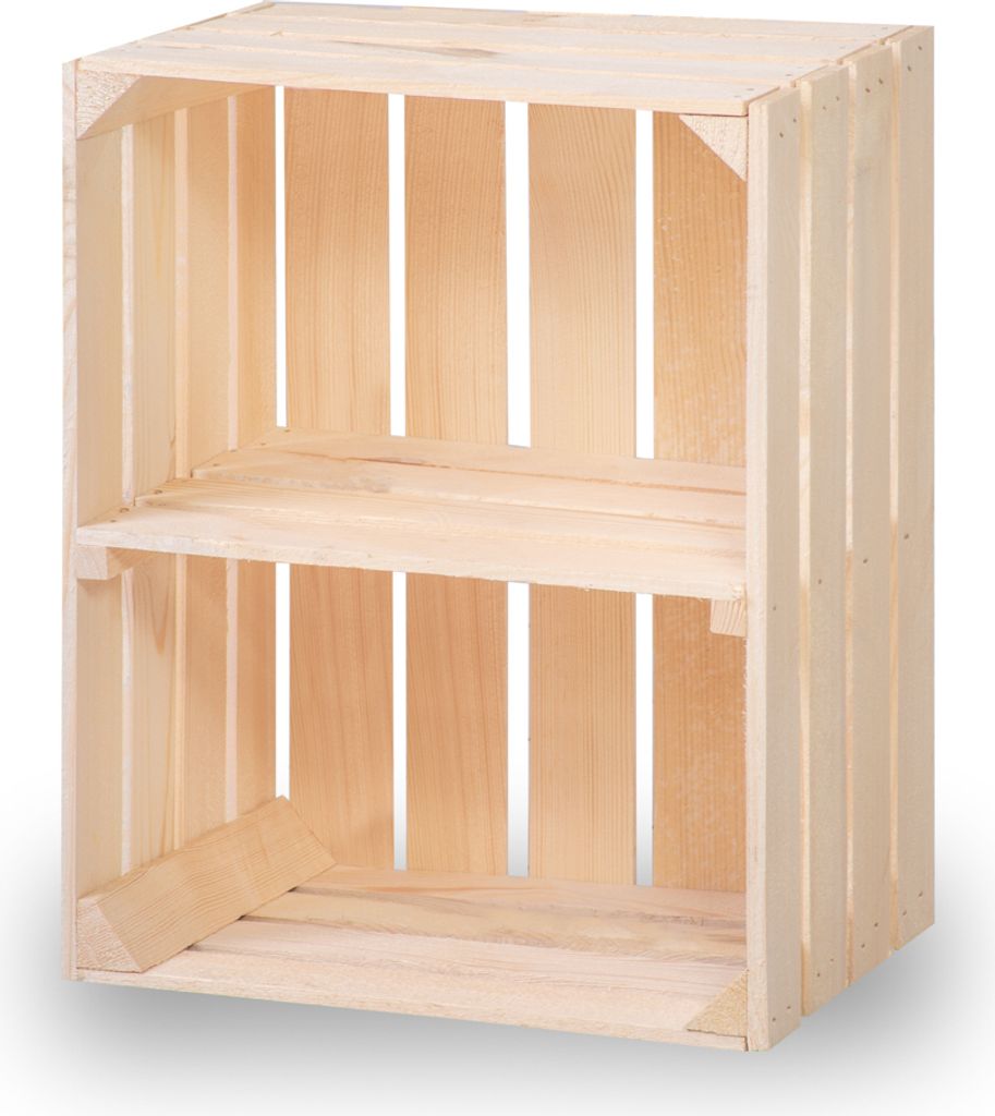 A wooden crate with a shelf in the middle, shown against a white background.