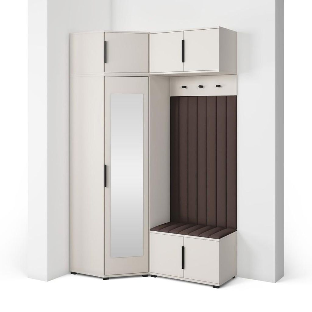 Garderoben-Set Napoli Version 23: Eckschrank mit Polsterpaneelen, Schuhschrank und Schrankaufsatz Flur und Eingangsbereich (Cashmere/Trinity 08)