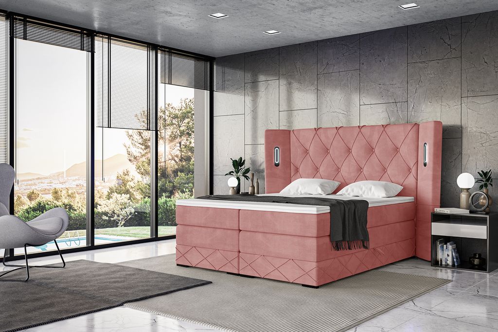 MEBLINI King Boxspringbett mit Bettkasten - Gepolstert Doppelbett mit Matratze und Topper - Polsterbett mit Stauraum - Bett mit LED Kopfteil - Stau...