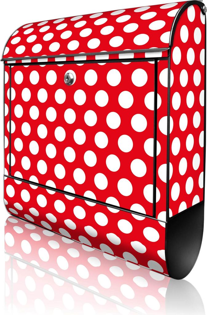 banjado Design Briefkasten Stahl schwarz mit Zeitungsfach pulverbeschichtet "Punkte Rot" 38x46x12,5cm & 2 Schlüssel - Postkasten A4 Einwurf inkl. ...