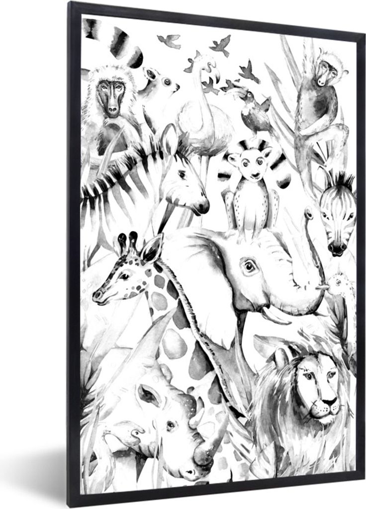 MuchoWow Gerahmtes Poster Aquarelle - Tiere - Dschungel - Pastell - Jungen - Mädchen - Kinder 40x60 cm - Poster mit Schwarzem Bilderrahmen Wandp...