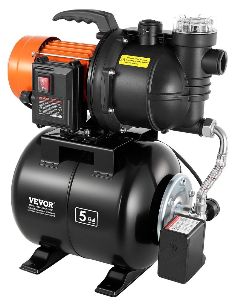 VEVOR Hauswasserwerk 735 W, 3785 L/h Jetpumpe mit 19 L Druckbehälter, 39 m Förderhöhe, inkl. Filter, Rückschlagventil & Kunststoffpumpenkopf, z...