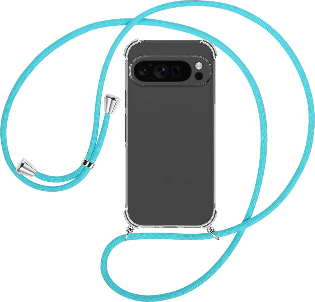 Handykette Backcover-Schutzhülle mit Band (Metall silberfarben) für Google Pixel 9 Pro XL (6.8'') - türkis