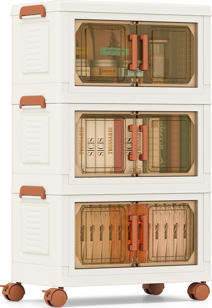 COSTWAY 57 L Klappbare Aufbewahrungsboxen mit Deckeln, 3er-Pack stapelbare Aufbewahrungsbehälter mit Rollen, Schrank-Organizer Weiß & Braun