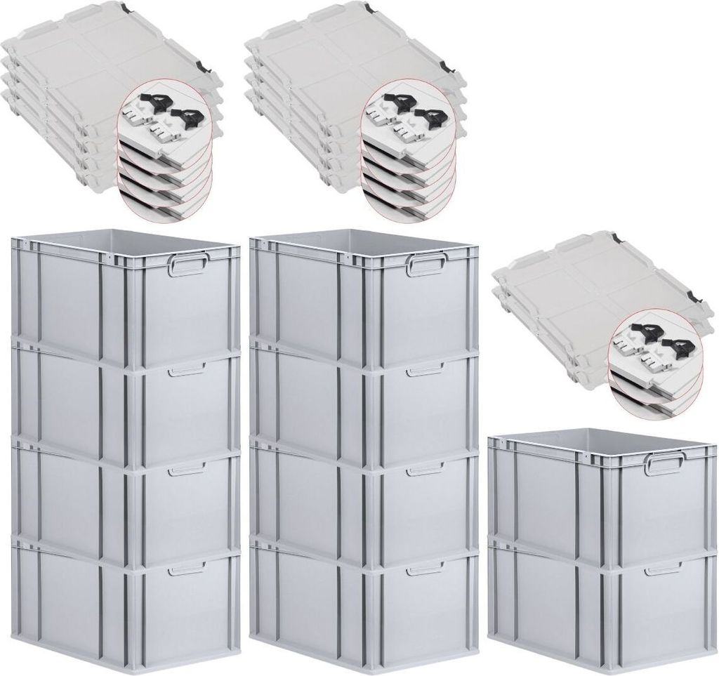 SuperSparSet 10x Eurobox NextGen Economy mit Scharnierdeckel und schwarzen Schiebeschnappverschlüssen | Griffe geschlossen | HxBxT 32x40x60cm | 65...