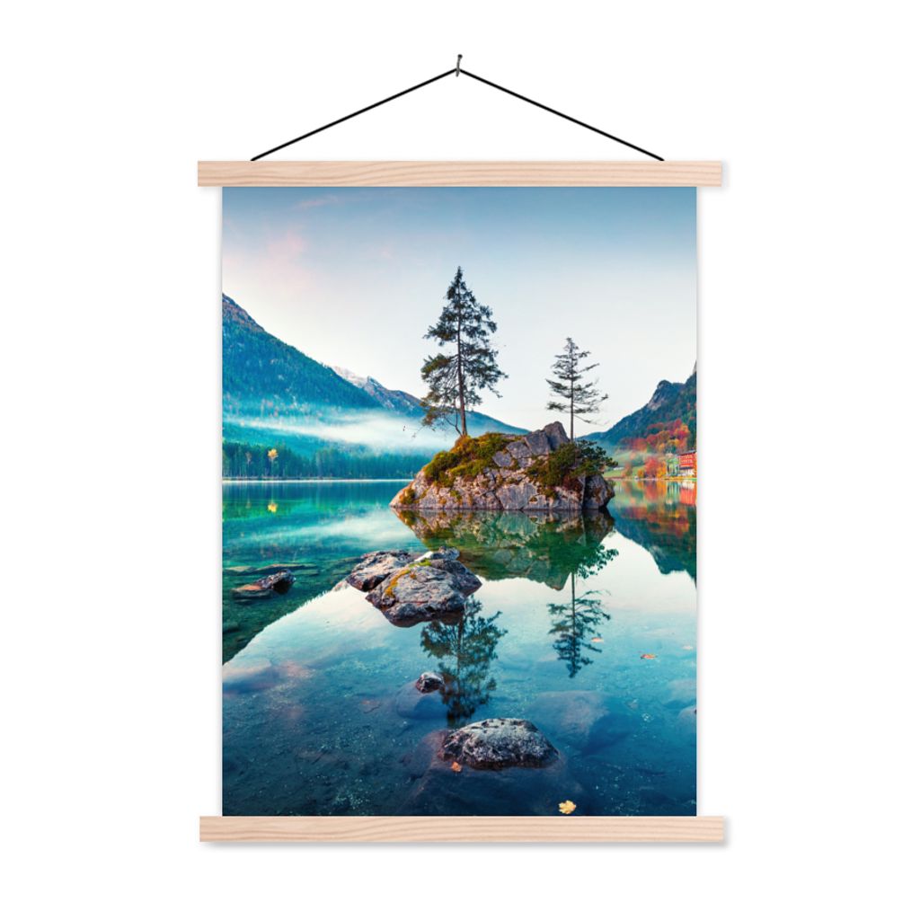 MuchoWow Textilposter Berge - See - Bäume - Natur - Wasser 60x80 cm mit holzfarbenen Rahmen - Wandbild
