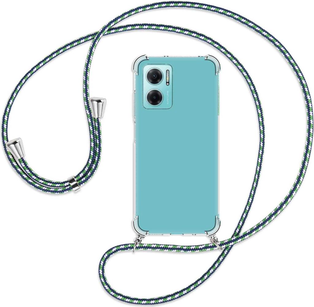Handykette Backcover-Schutzhülle mit Band (Metall silberfarben) für Xiaomi Redmi 10 5G / Note 11E - grün/blau/weiß