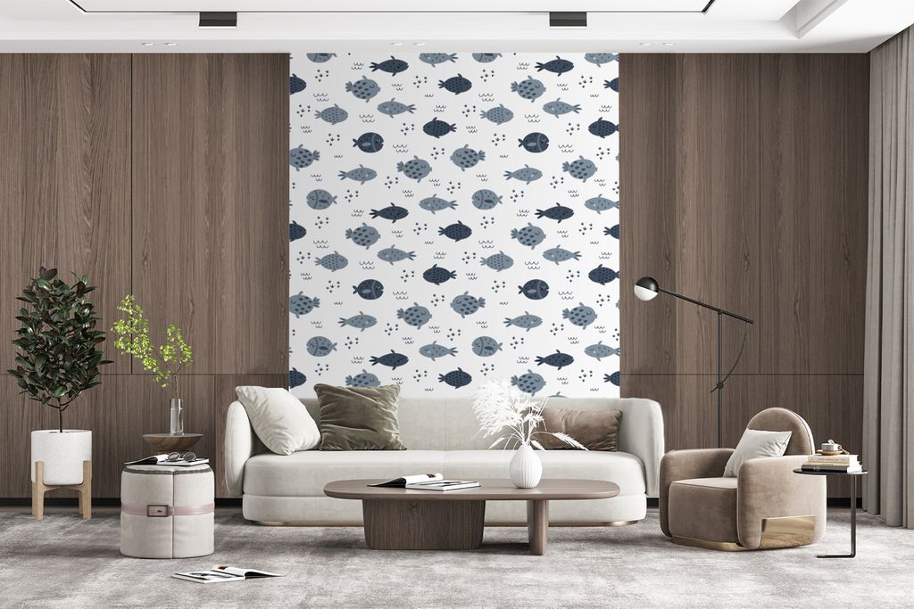 MuchoWow Fototapete für Wohnzimmer oder Schlafzimmer Wandtapete Vinyl Motivtapete Muster - Jungen - Fische - Kinder - 160x220 cm - Bildschirmhin...