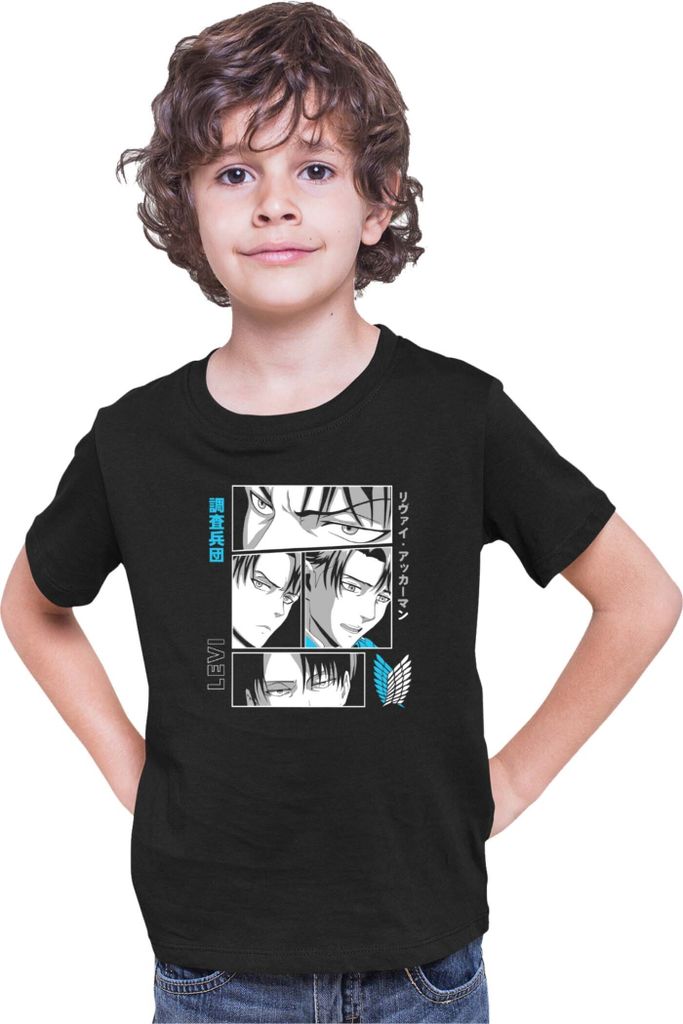Kinder T-Shirt Japan Anime Manga Attack Anime On Titan Levi Ackerman 07 Levi Faces, 5-6 Jahr - 116 / Schwarz
