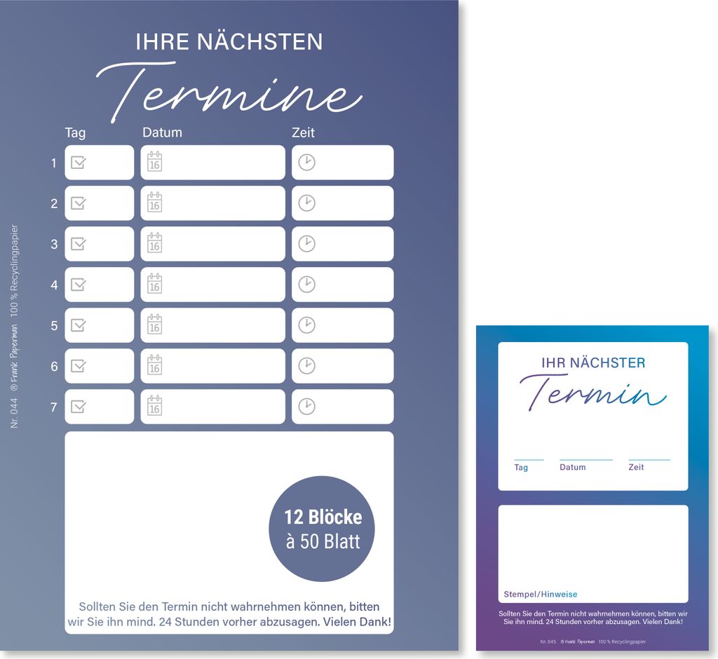 Frank Paperman | 600 x moderne Terminzettel | 12 x Terminblock à 50 Blatt | blau | 7 Termine pro Zettel | mit Stempelfeld | Stilvolle Terminkarten