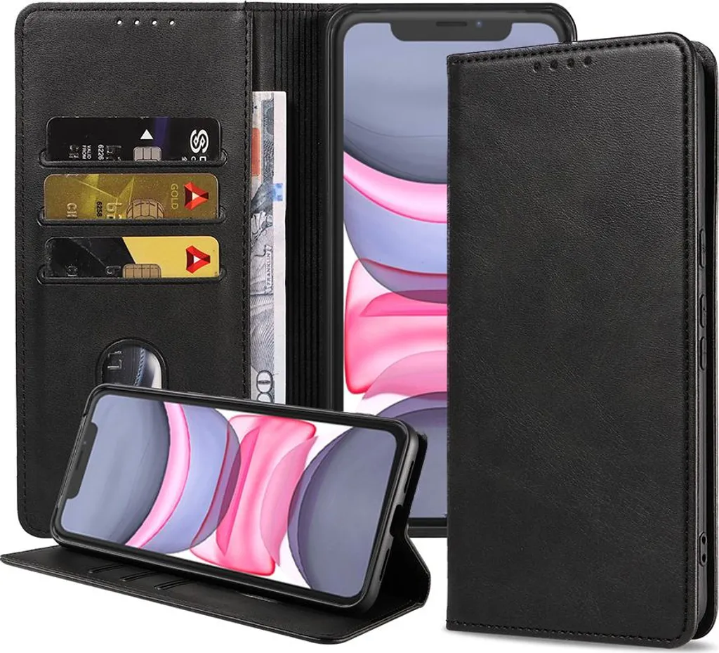 Smartphonica Custodia per iPhone 11 in ecopelle con chiusura magnetica e portacarte a libro - Nero