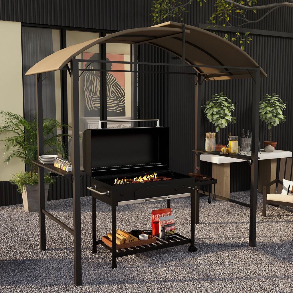 BBQ Grillpavillon 1,1x2,3m – wetterfest mit Polyesterdach & Seitenablagen, für Grills bis 100cm, aus Stahl, Khaki