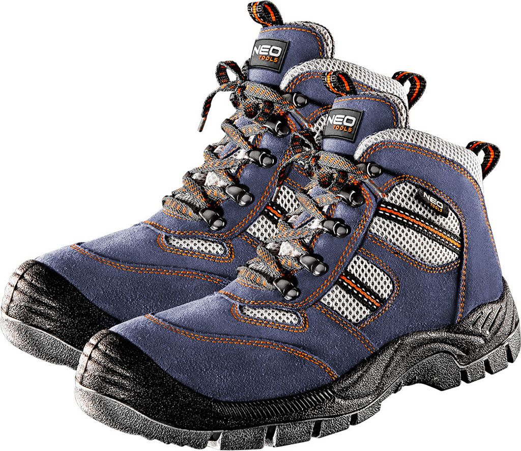 A pair of blue work boots with black soles and orange accents.