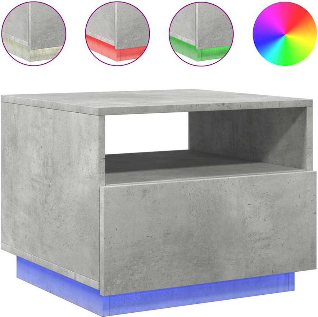 A concrete-effect bedside table with blue LED lighting at the base, shown against a white background. Three circular insets at the top show close-ups of the table's edges with different colored LED lights (yellow, red, green). A color wheel graphic is also