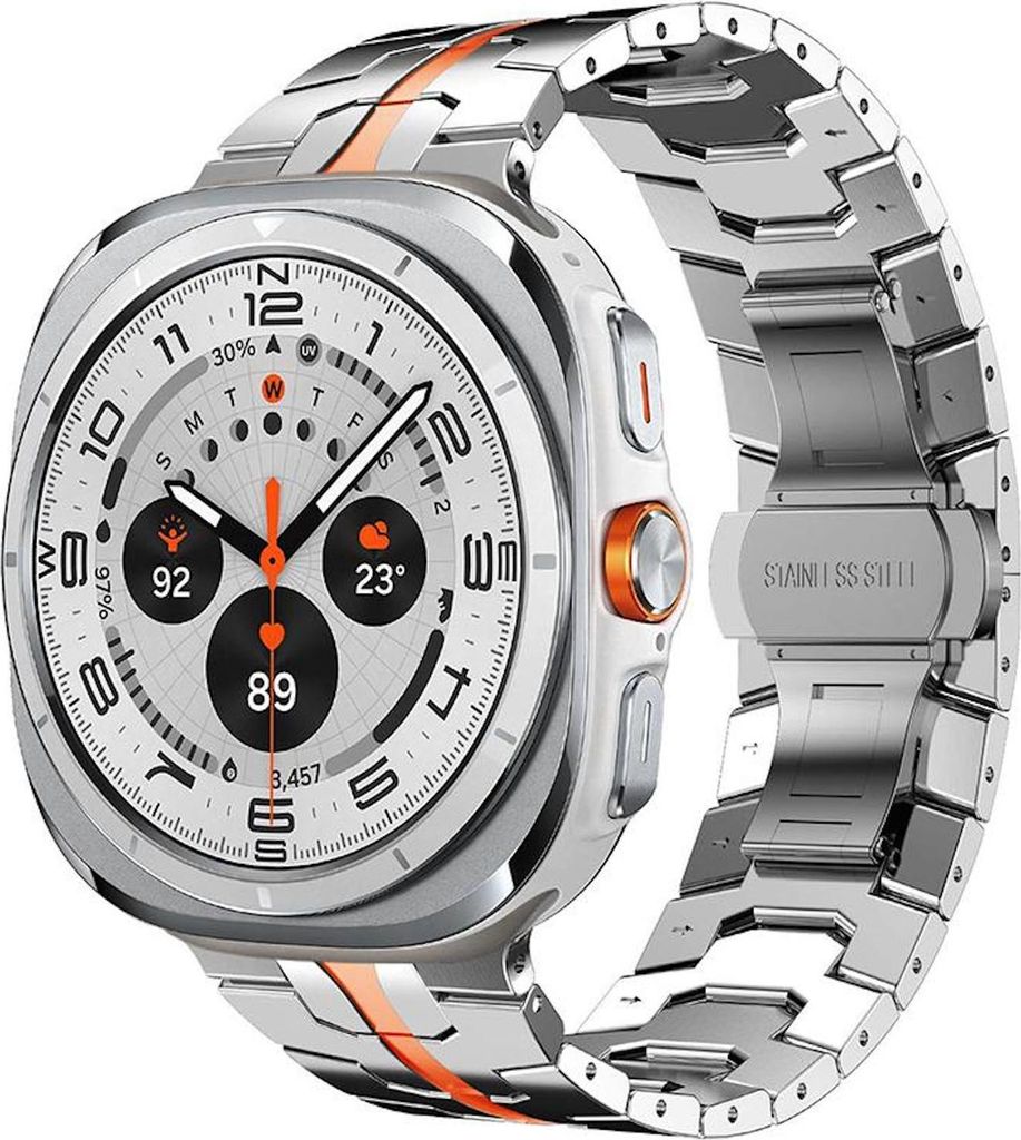 Für Samsung Galaxy Watch 8 / 8 Classic xDfind Edelstahl Armband mit Butterfly-Schließe Silber / Orange