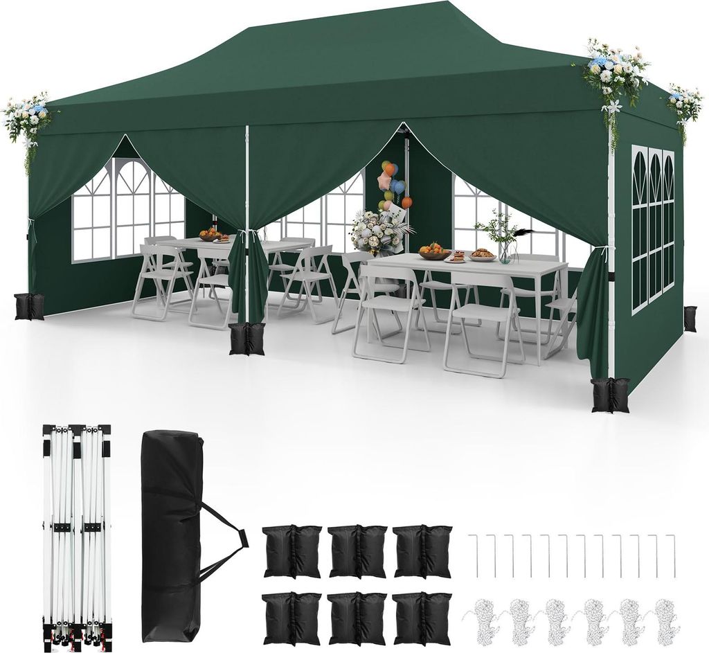GOPLUS 3x6m faltbarer Pavillon, Partyzelt mit 6 Seitenwänden und 6 Sandsäcken, höhenverstellbarer, wasserdichter & stabiler Gartenpavillon für ...