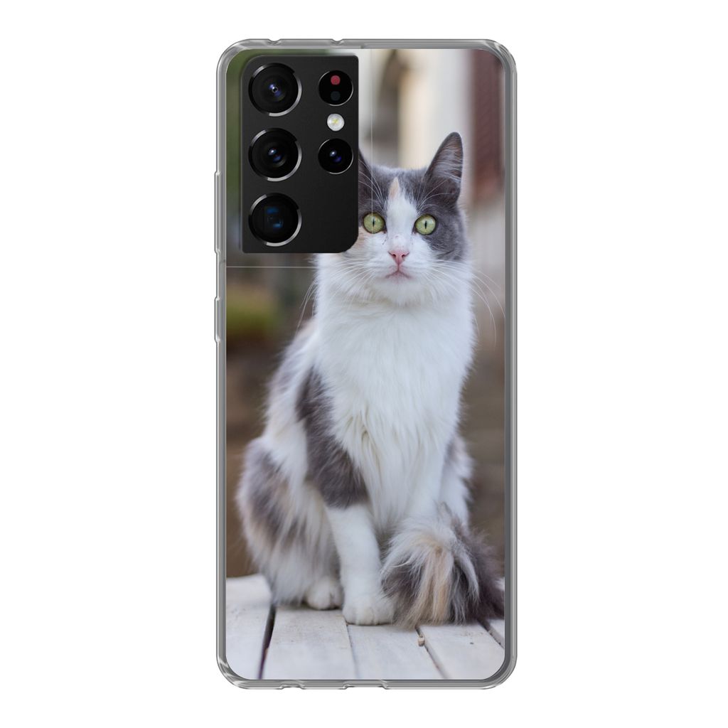 MuchoWow Handyhülle Schutzhülle Hülle für Samsung Galaxy S21 Ultra Katze - Porträt - Tisch - Mädchen - Kinder - Jungen Silikon Softcase Han...