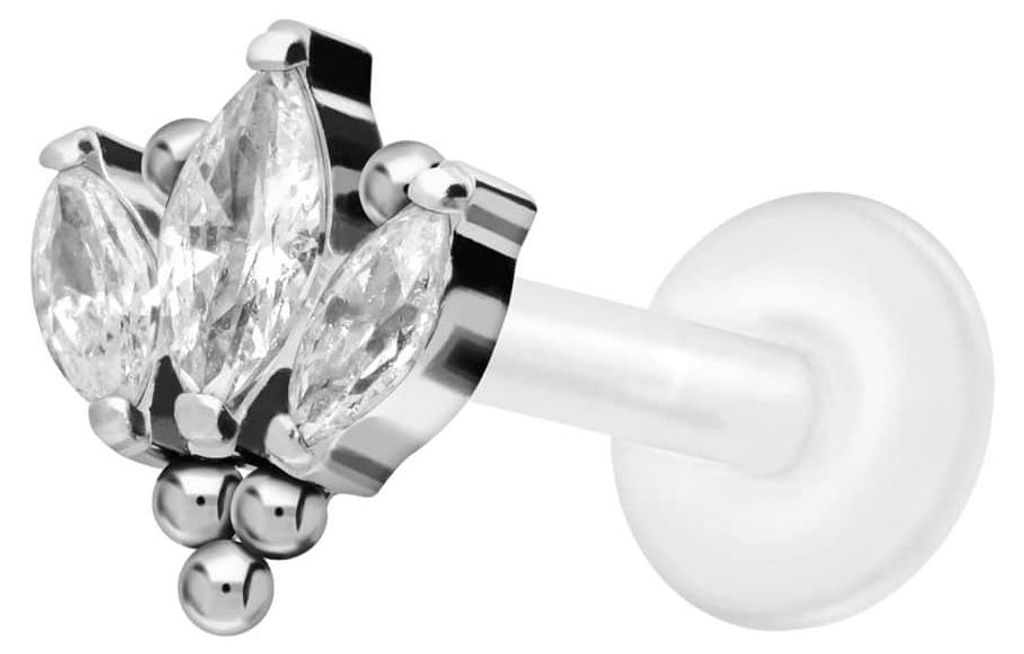 Ohrpiercing, Nasenpiercing PTFE Labret mit Innengewinde + Titan-Aufsatz LOTUSBLÜTE + KUGELN Silber Stablänge: 10mm | Stabstärke: 1,2mm