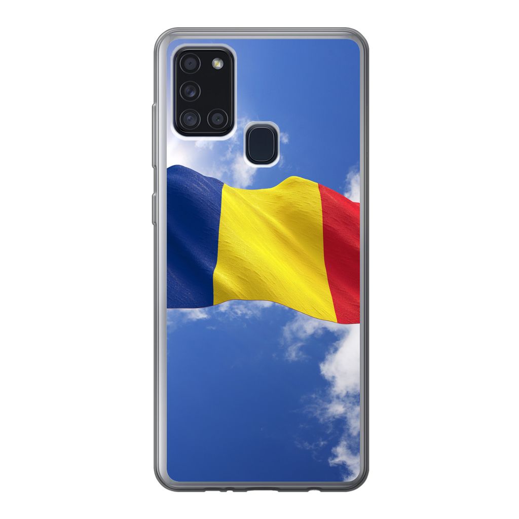 MuchoWow Handyhülle Schutzhülle Hülle für Samsung Galaxy A21s Rumäniens Flagge weht am Himmel Silikon Softcase Handy Hülle - Hartschale