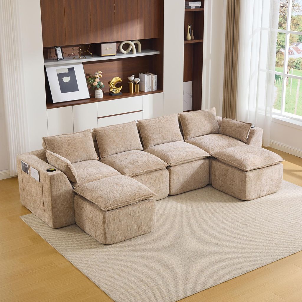 okwish 4-Sitzer-Sofa Ecksofa mit zwei Fußhocker, Wohnzimmersofa mit Kissen und Getränkehalter, Schlafsofa mit Seitentaschen,Chenille,khaki