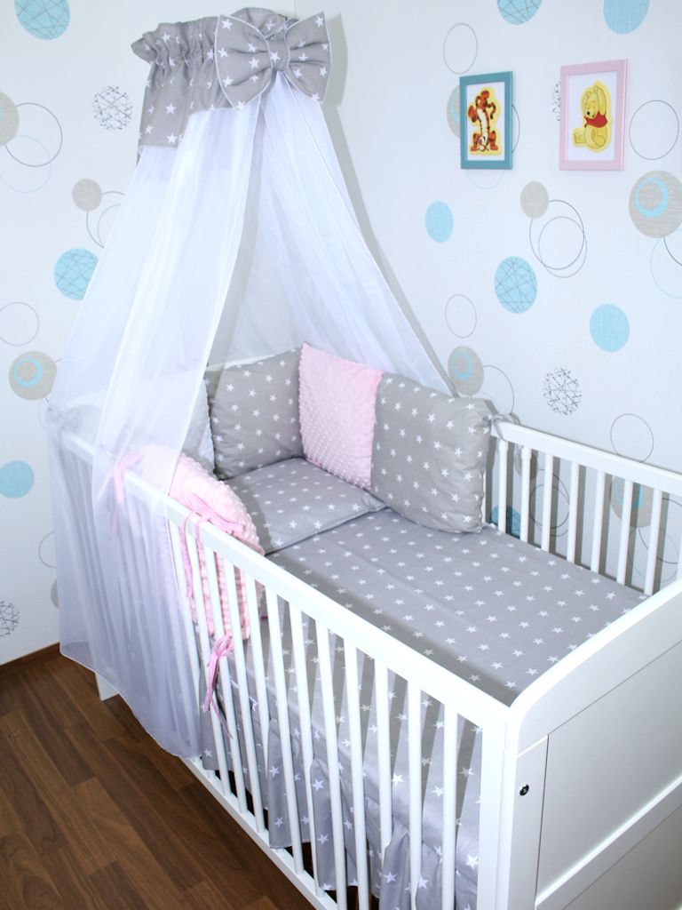 Baby Bettwäsche Bettset MINKY mit 6 x Kissen - 6 teilig -Nestchen Chiffon Himmel - 20. CH20