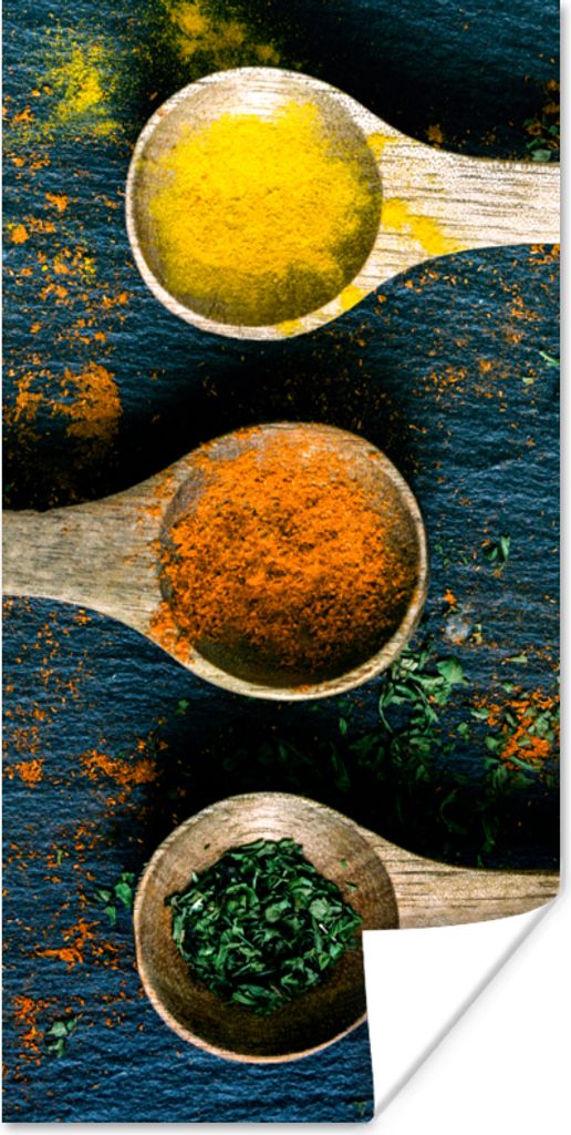 MuchoWow Poster Gewürze - Löffel - Kräuter - Braun - Gelb - Grün 20x40 cm - Plakat - Foto