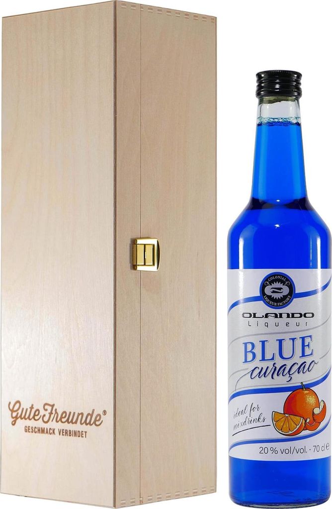 Olando Blue Curacao Likör mit Geschenk-Holzkiste