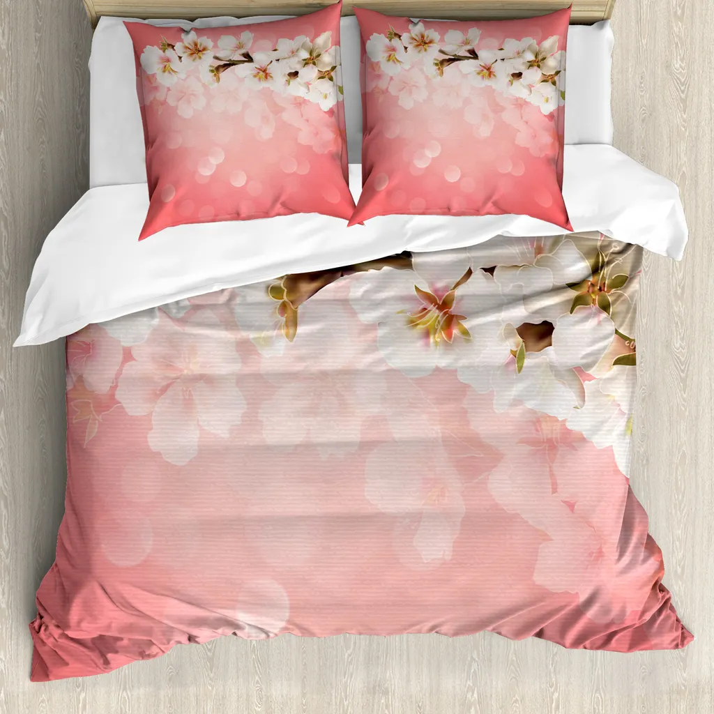 ABAKUHAUS Copripiumino corallo, ramo di sakura in fiore, antiacaro, adatto a chi soffre di allergie, con federe, 200 cm x 200 cm - 80 x 80 cm, corallo verde bianco