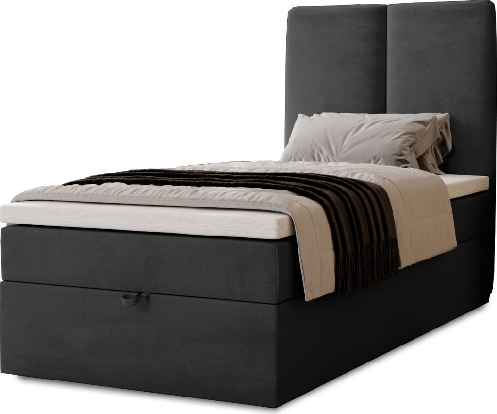 Boxspringbett Malmo mit Bettkasten, 90x200, Farbe: Dunkelgrau, Velourstoff, Doppelbett mit Bonell-Matratze inkl. Topper