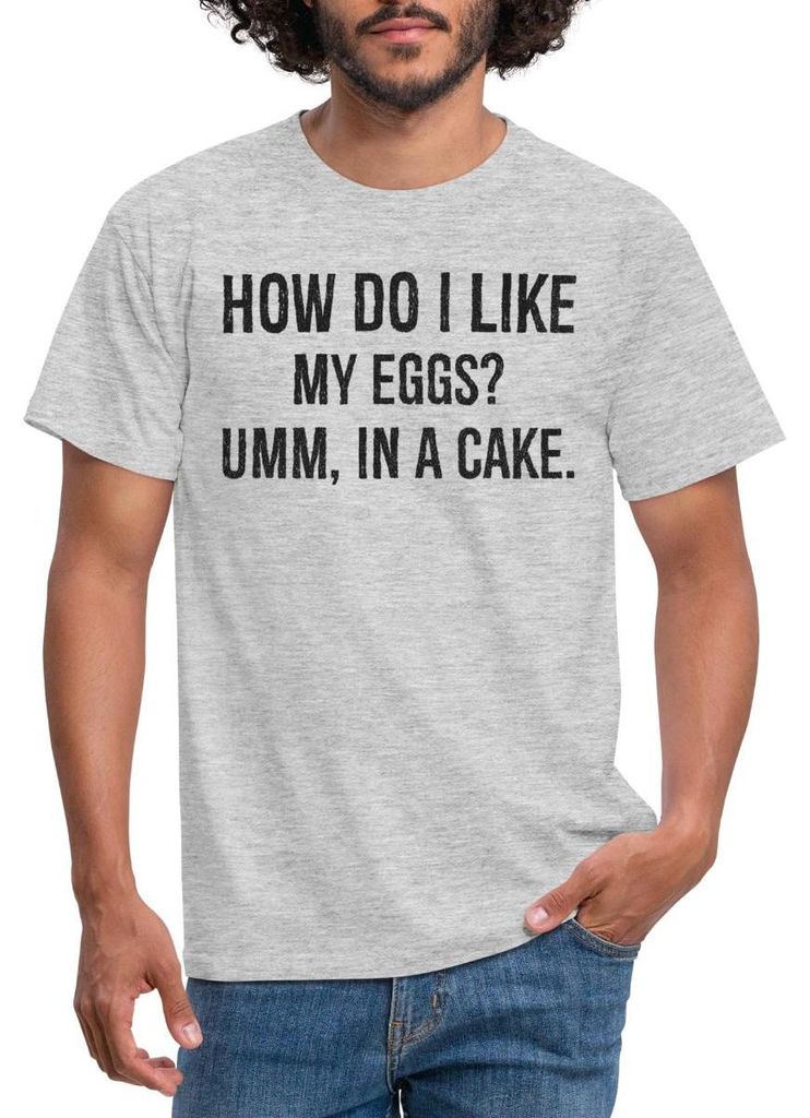Spreadshirt I Like My Eggs In A Cake Ostern Eier Wortspiel Männer T-Shirt, S, Grau meliert