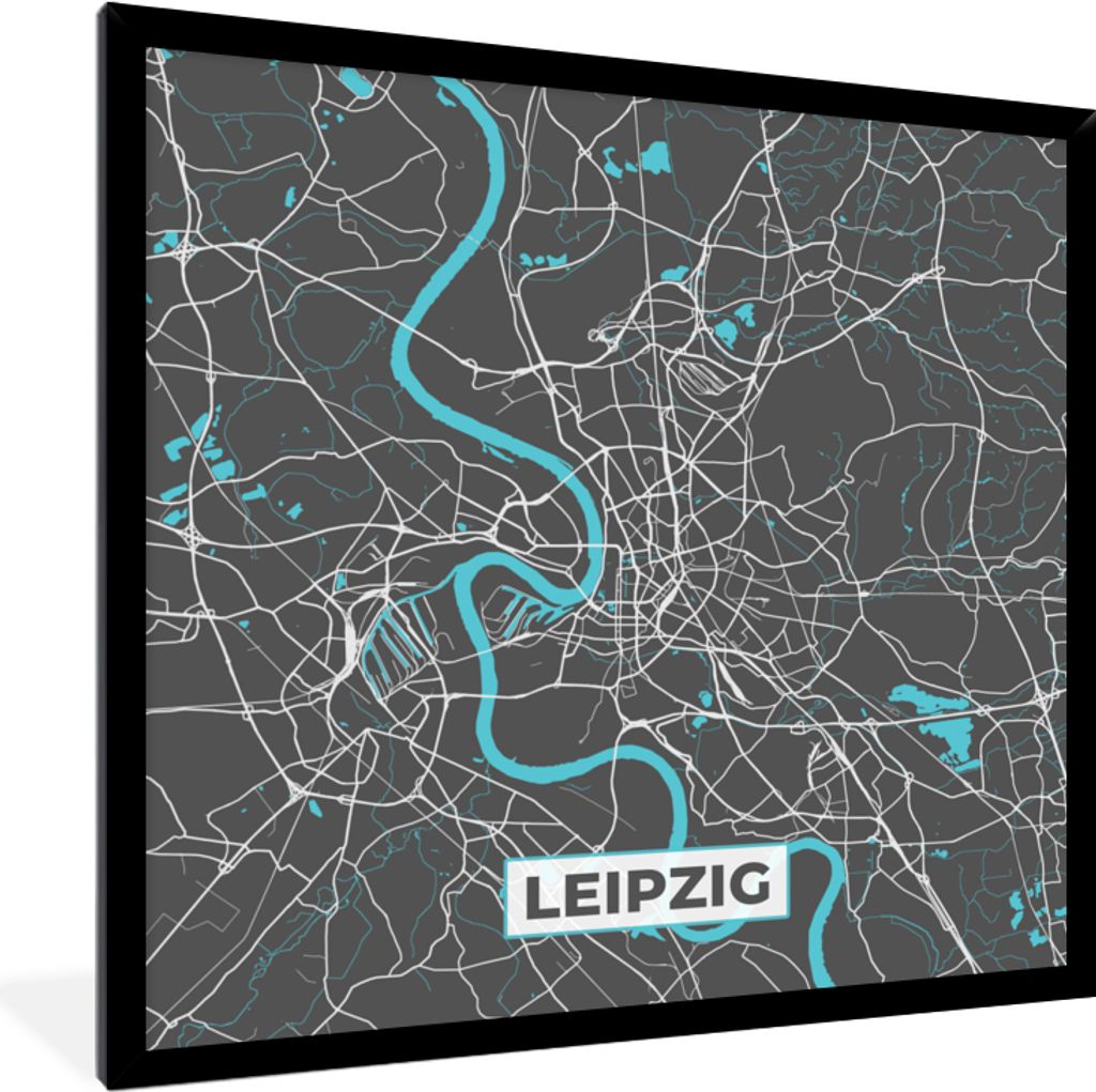 MuchoWow Gerahmtes Poster Karte - Leipzig - Blau - Stadtplan - Deutschland 40x40 cm - Poster mit Schwarzem Bilderrahmen Wandposter Rahmen Foto Bi...