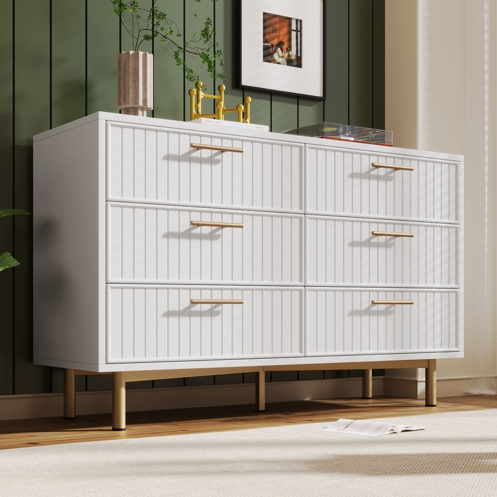 Abrihome Kommode mit 6 Schubladen, Weiß Sideboard Highboard, 120 cm Breit