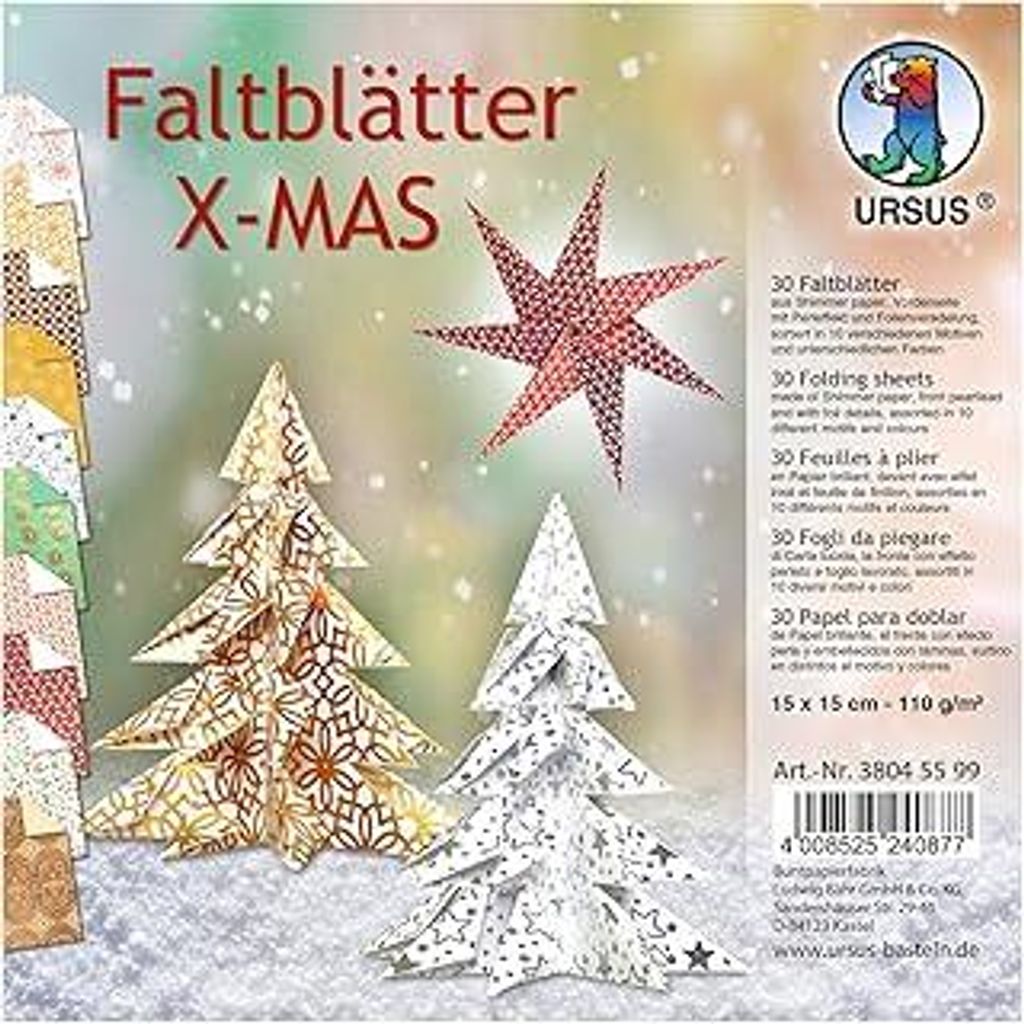 Ursus 38045599 - Faltblätter X-Mas, 110 g, 30 Blatt Shimmer paper sortiert in 10 verschiedenen Motiven und Farben, ca. 15 x 15 cm, Vorderseite mit...