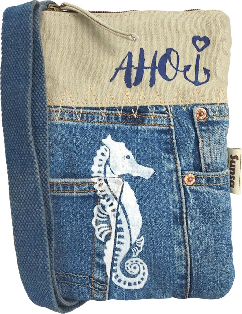 Sunsa Damen Umhängetasche. Nachhaltige Tasche aus Canvas & Recycelte Jeans/Denim. Kleine Crossbody Bag