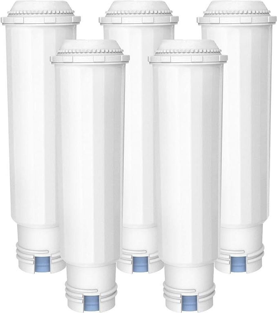 Five white water filter cartridges arranged in a group.