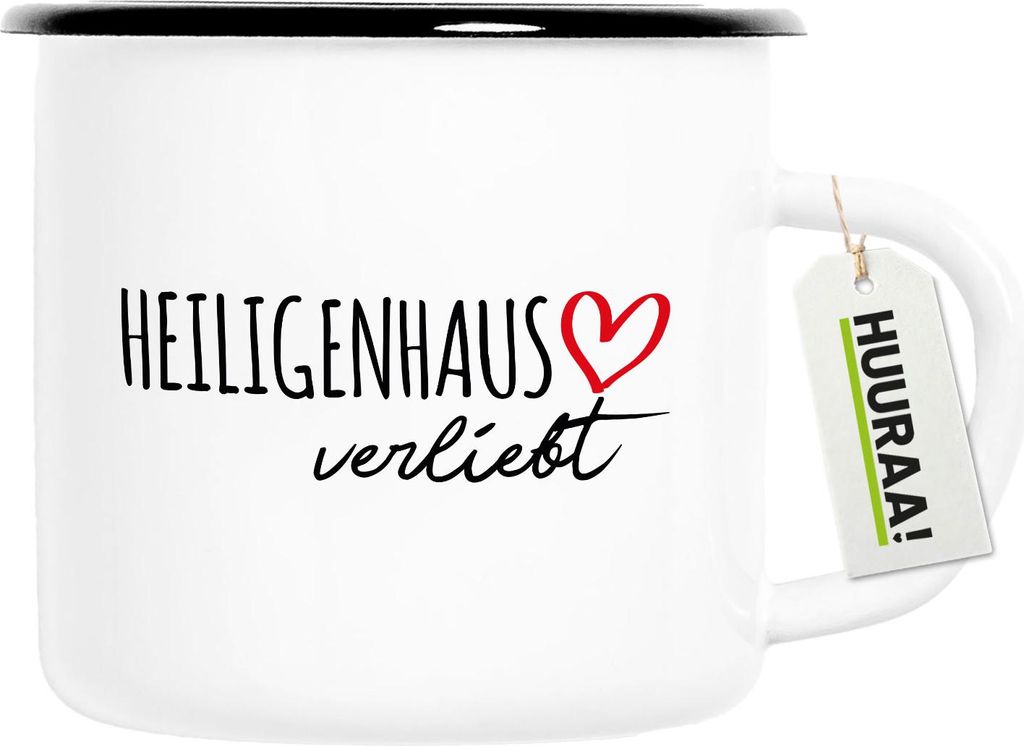 Huuraa Emaille Tasse Heiligenhaus verliebt 300ml Vintage Campingbecher Geschenkidee