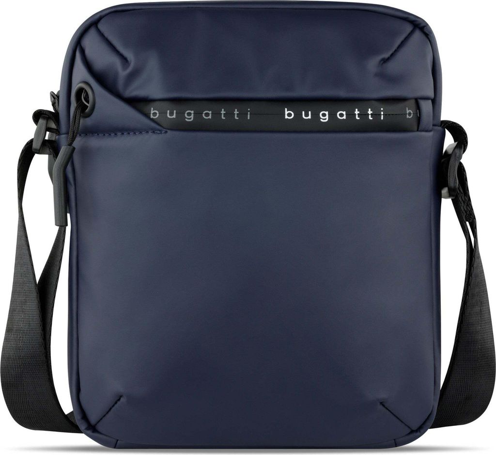 A dark blue messenger bag with the brand name 'bugatti' printed on a black band across the top.
