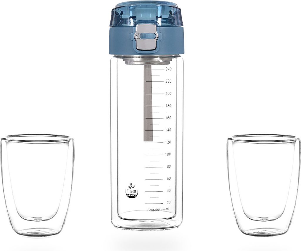 tea4chill Matchashaker / MATCHA2go / Teeflasche to go mit Sieb / Thermosflasche / Trinkflasche Glas 280ml, doppelwandiges Glas, inklusive 2 Teeglä...