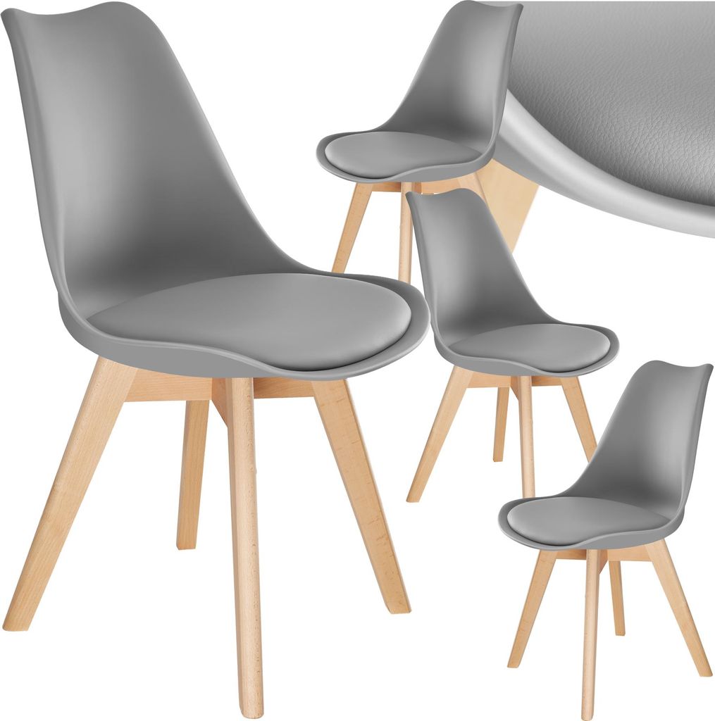 A set of four gray dining chairs with wooden legs, arranged in a studio setting against a white background.