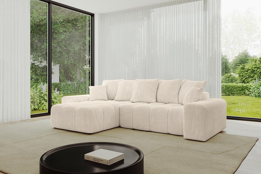 ALTDECOR Ecksofa mit Schlaffunktion und Bettkasten ENIL-L 297x189x68 cm Beige - Corner Sofa Eckcouch Couch L-Form Schlafcouch Ausziehbar Wohnlandsc...