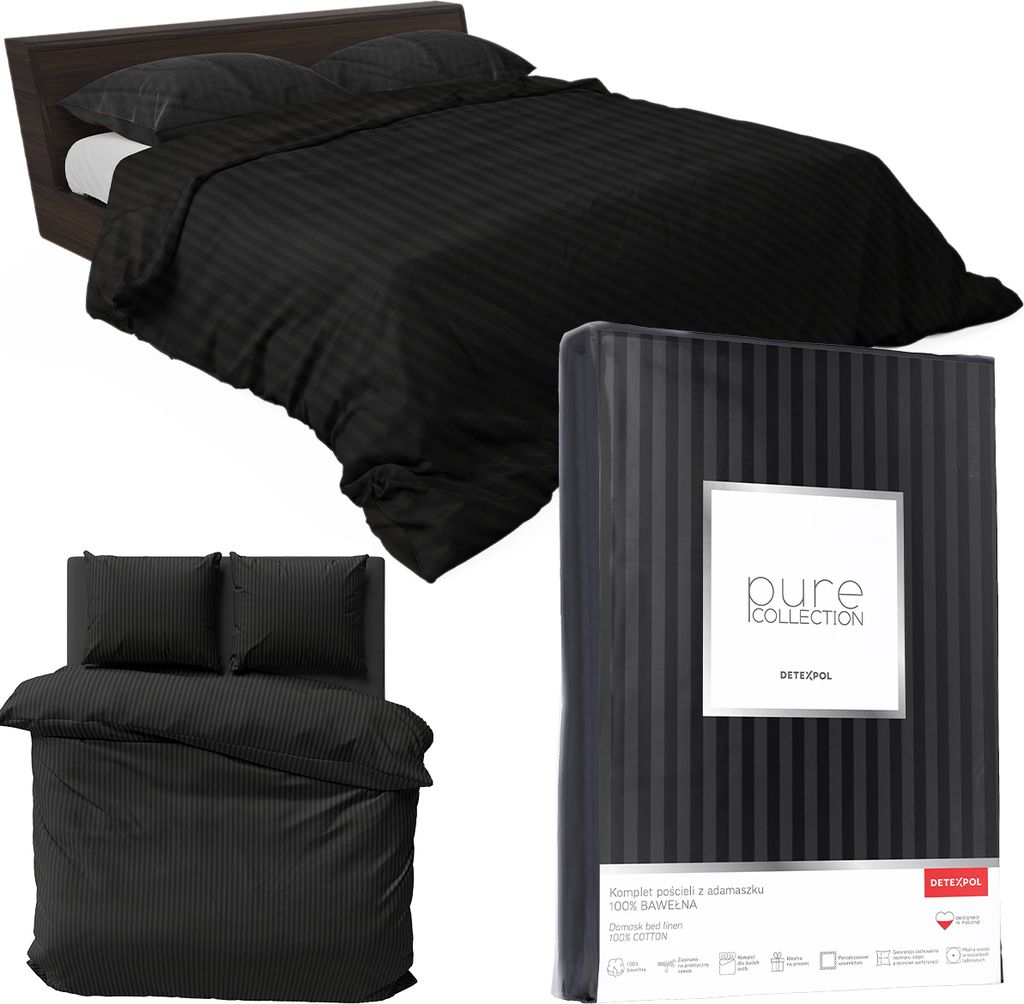 A black striped satin bedding set is displayed on a bed, with a packaged set shown separately.