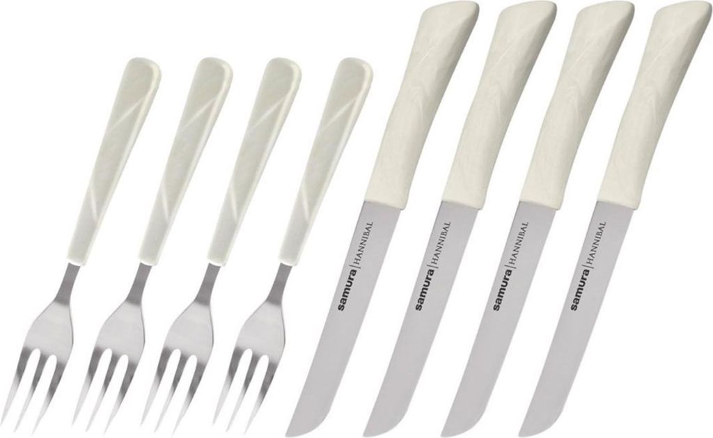 Samura HANNIBAL Premium Set mit 4 Steakmessern aus japanischem Stahl und 4 dazu passenden Gabeln mit eleganten weißen Griffen für kulinarische Sp...