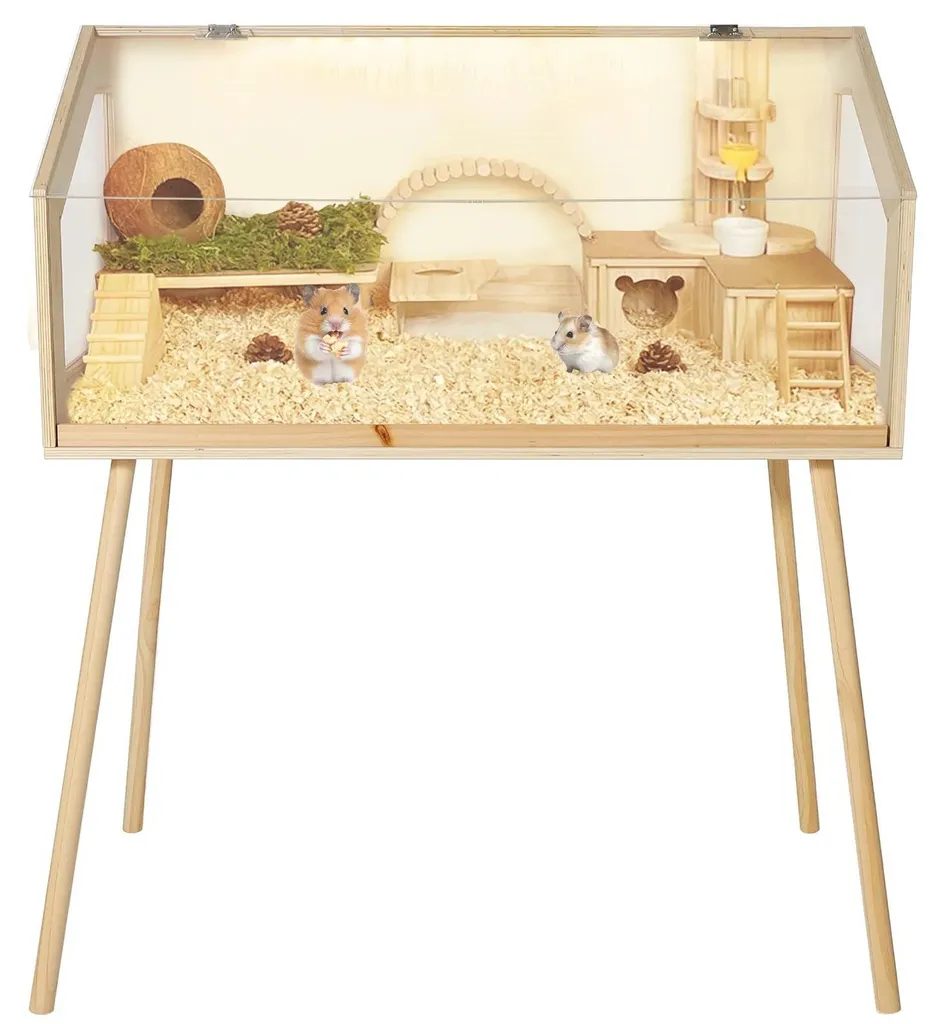 Enclos pour petits animaux en bois naturel avec couvercle aéré - Large