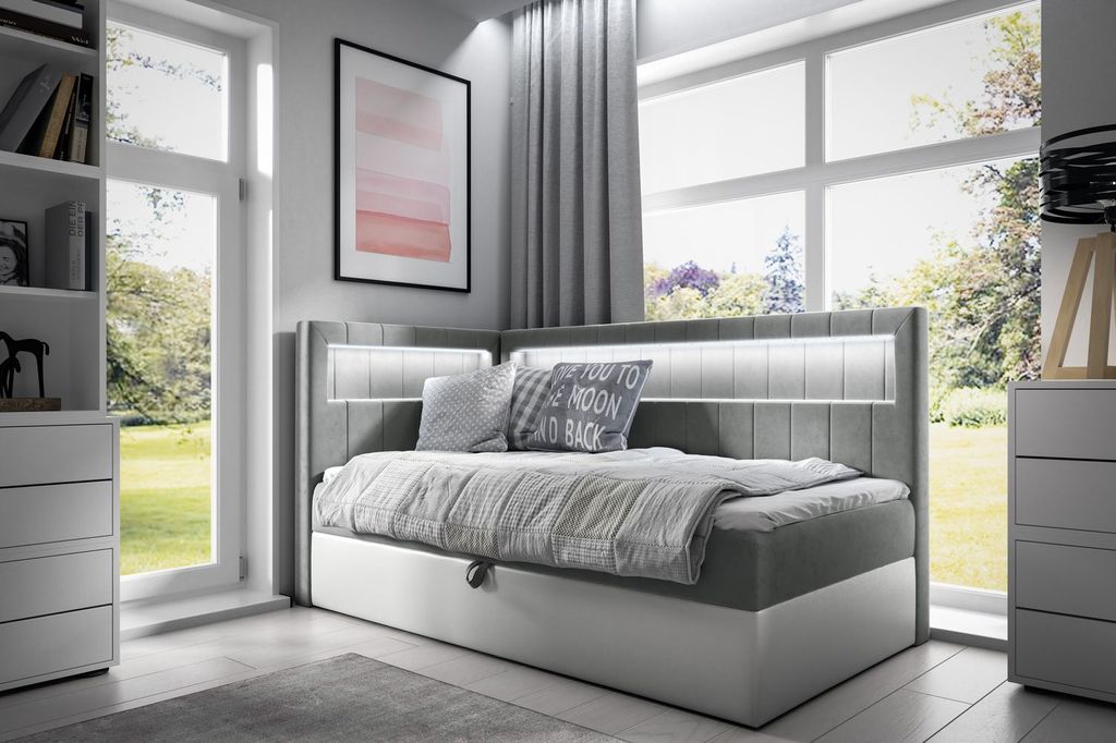Einzelbett 80x200 KISHA 3 – grau/weiß, Öffnung rechts + GRATIS Matratzenauflage
